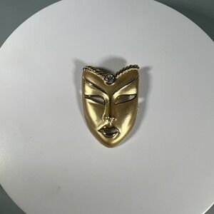 Vintage Gold Tone Mask Brooch with Faux Dimond Accent